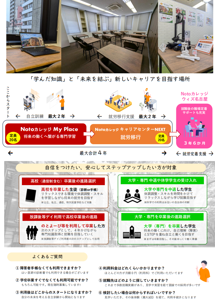 令和6年9月栄にオープン | ～私の「未来」と「出会う」場所～ My Place(マイプレイス) Notoカレッジの新コンセプト就活スクール マイプレイス | 働くを目指す、最先端の学びで | 好きを見つけて、得意を増やして、働くを目指す | 「ノビテク」 じっくりスキル習得 最大2年間 → 「ツナガル」 じっくり就職準備 職場見学・実習・選考 最大2年間 | Notoカレッジ My Place
