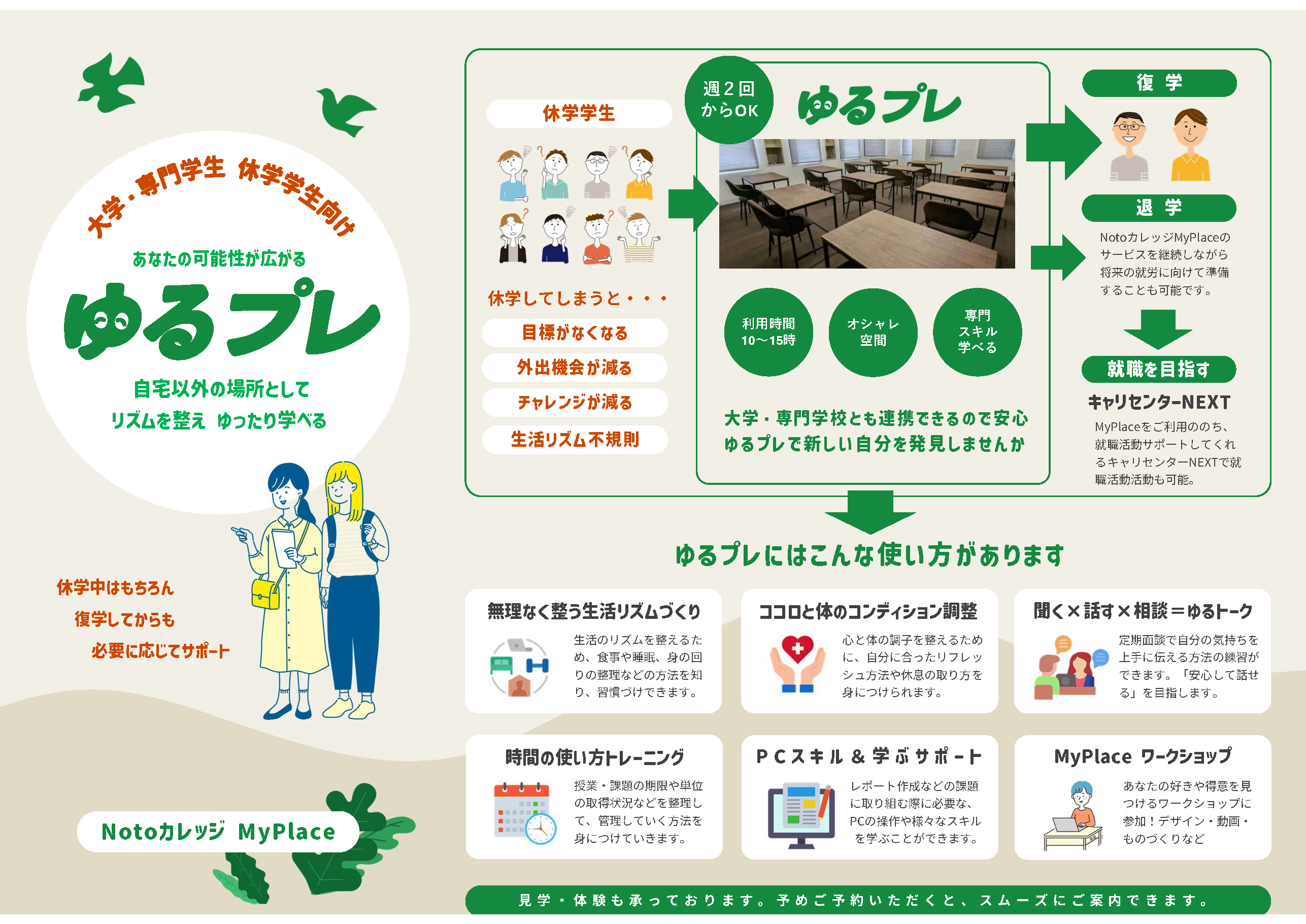 令和6年9月栄にオープン | ～私の「未来」と「出会う」場所～ My Place(マイプレイス) Notoカレッジの新コンセプト就活スクール マイプレイス | 働くを目指す、最先端の学びで | 好きを見つけて、得意を増やして、働くを目指す | 「ノビテク」 じっくりスキル習得 最大2年間 → 「ツナガル」 じっくり就職準備 職場見学・実習・選考 最大2年間 | Notoカレッジ My Place